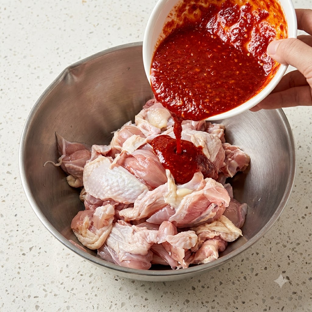 De la sauce rouge versée dun bol blanc dans un grand bol en acier inoxydable rempli de poulet cru.