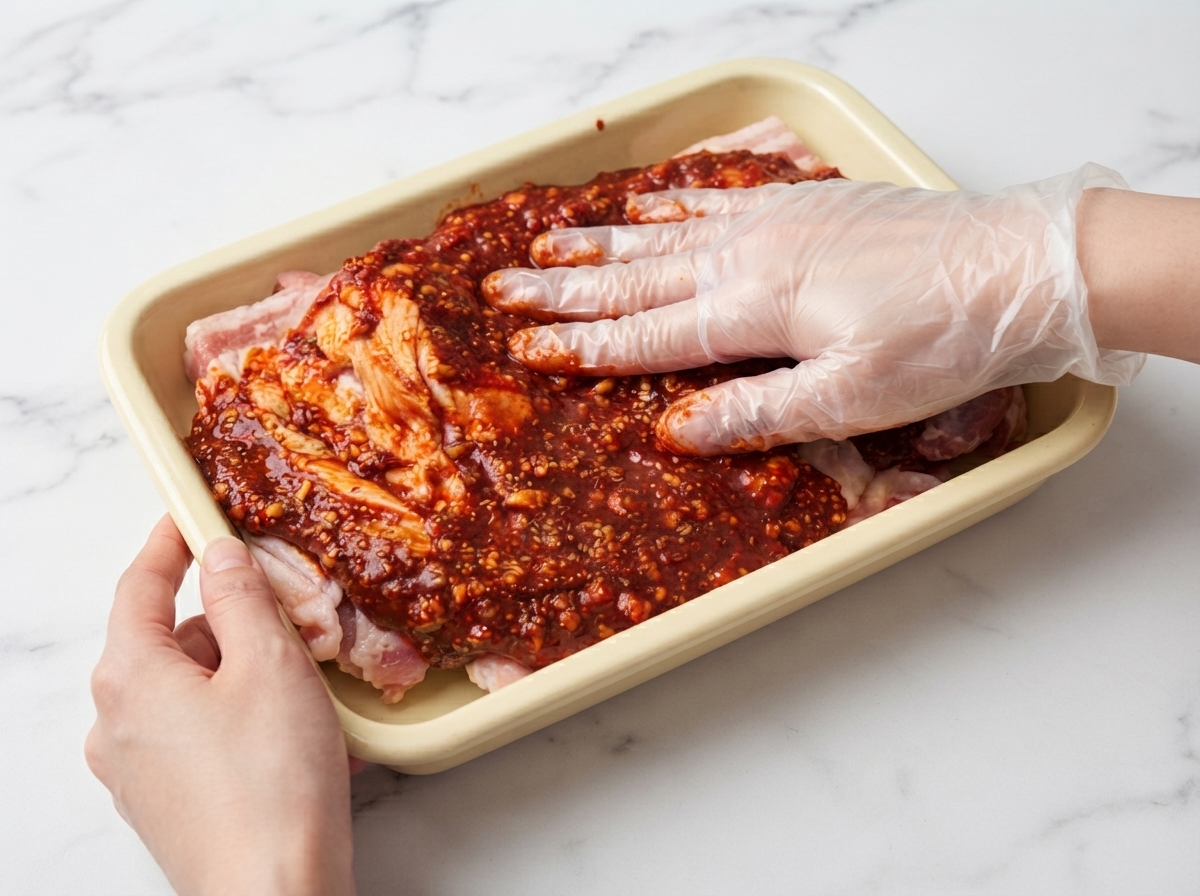 Une main gantée massant la marinade rouge épicée sur de la viande de poulet crue à lintérieur dun bac jaune.
