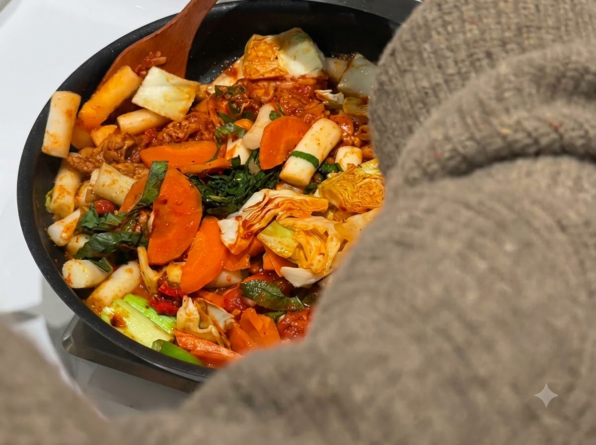 Une cuillère en bois mélangeant le poulet, les légumes et les galettes de riz qui mijotent dans une sauce rouge à lintérieur dune poêle.