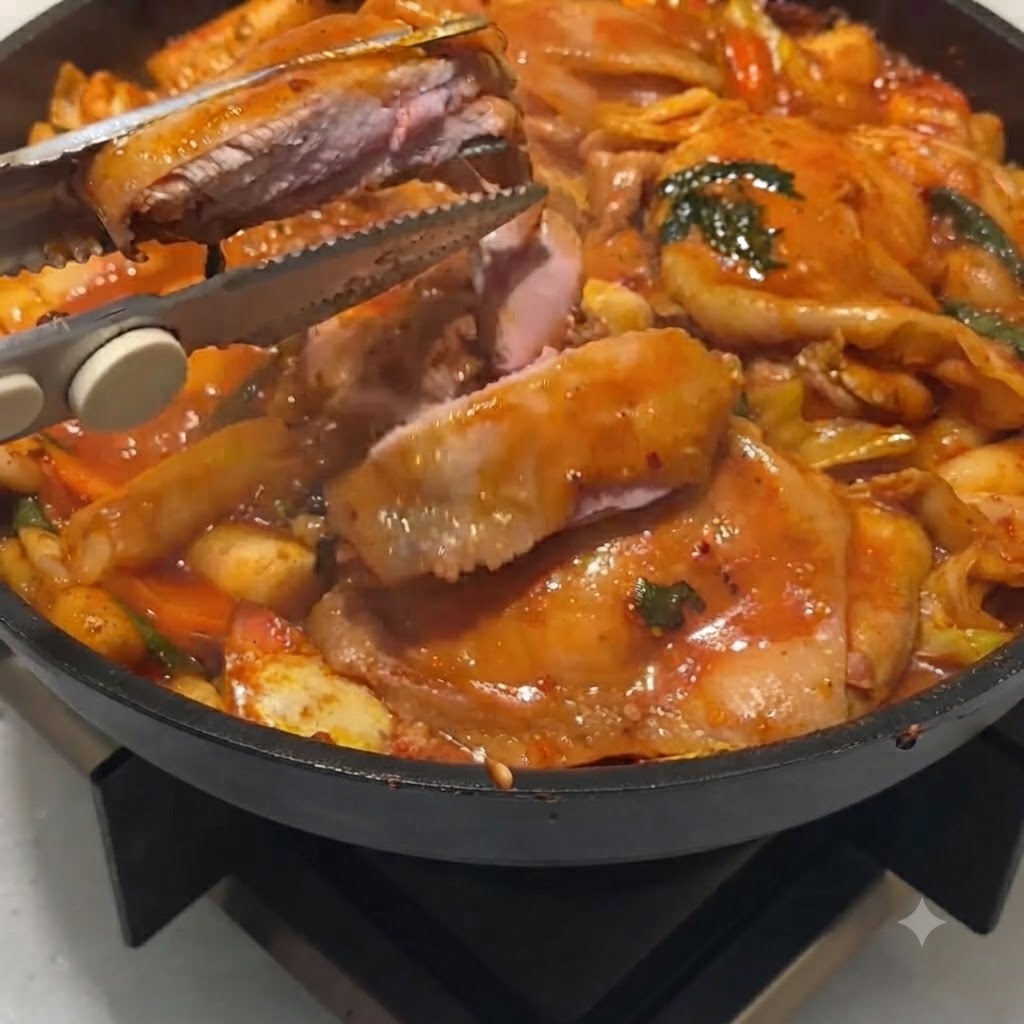 Des ciseaux de cuisine coupant des morceaux de poulet partiellement cuits à lintérieur dune poêle à frire.