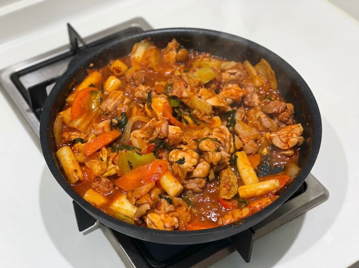 Du fromage mozzarella râpé en train dêtre saupoudré sur un sauté de poulet et de légumes bouillonnant.