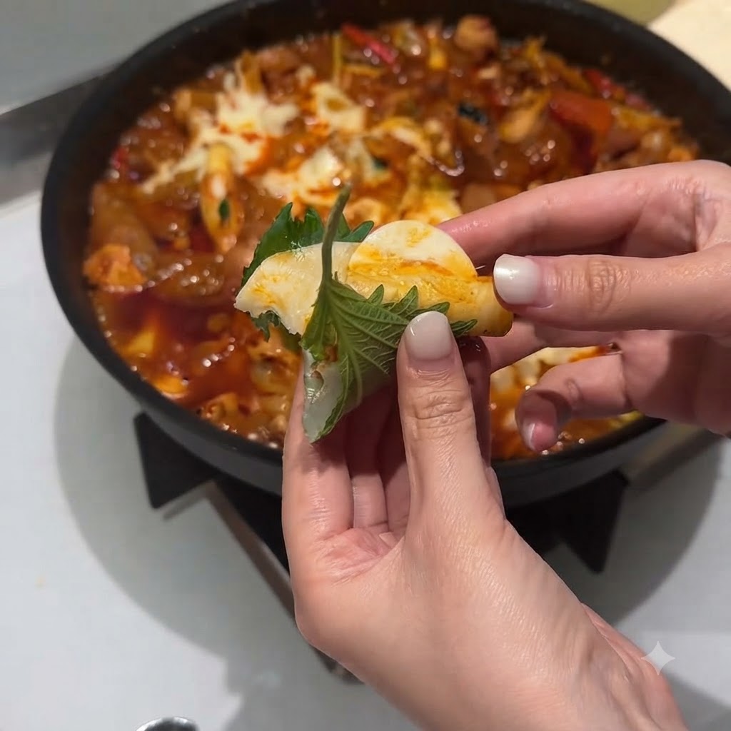 Du riz blanc cuit en train dêtre ajouté à la sauce rouge restante dans la poêle de cuisson.