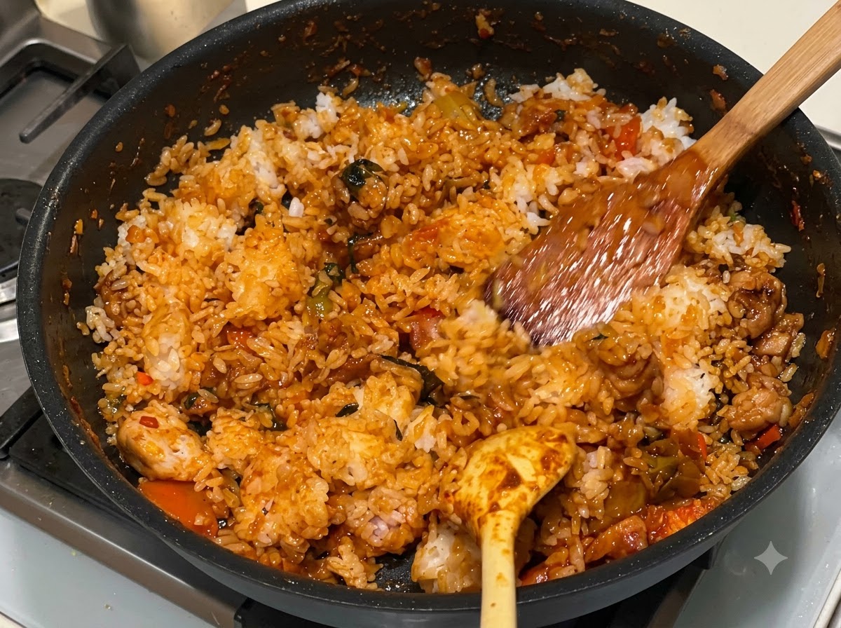 Une spatule en bois mélangeant du riz blanc dans une sauce rouge vif et épicée dans une poêle chaude.