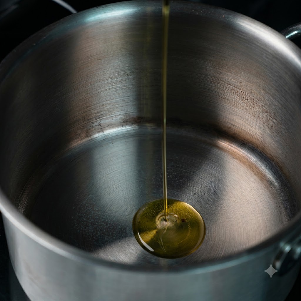 Huile dolive versée dans une casserole en acier inoxydable propre sur la cuisinière.