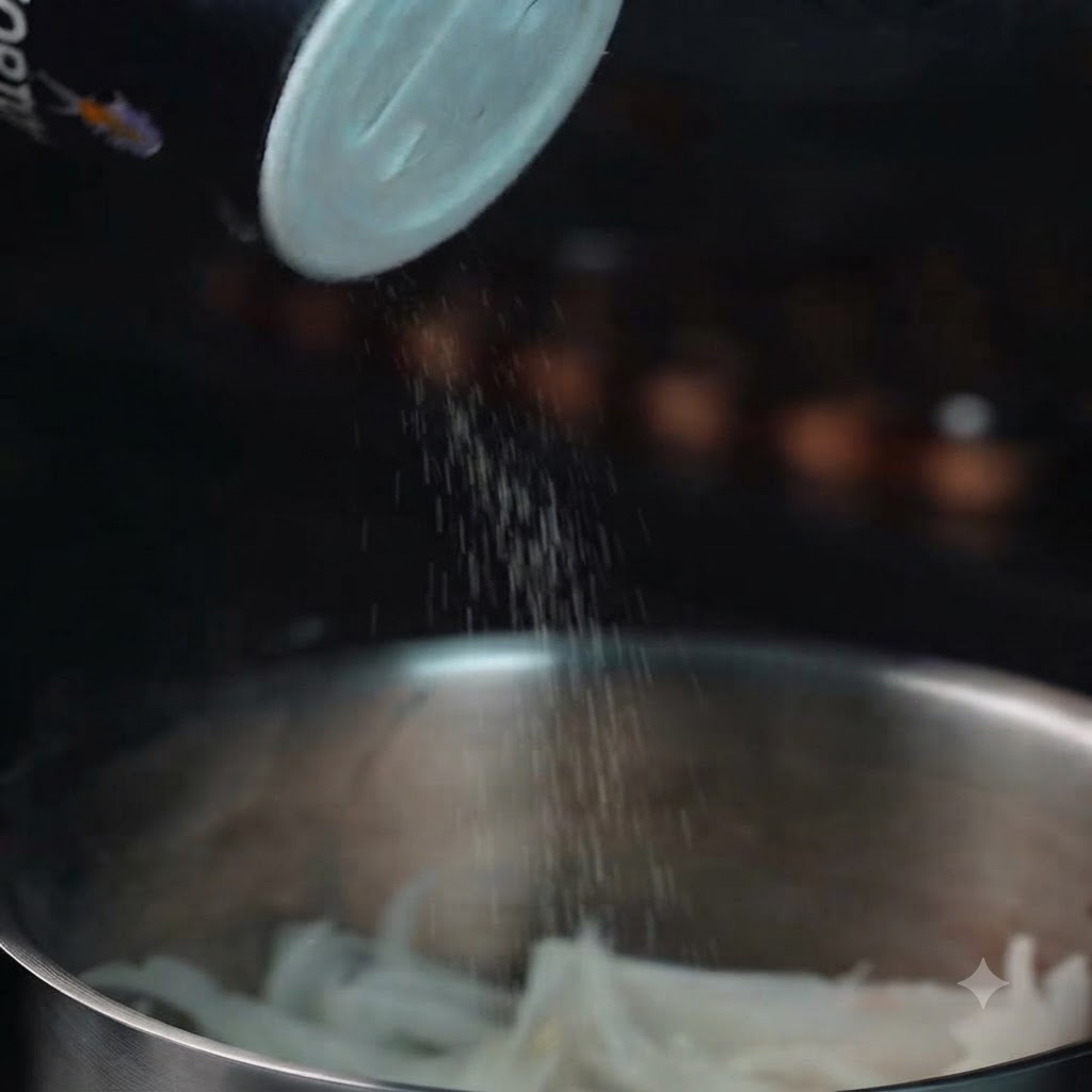 Sel et poivre noir saupoudrés dun récipient sur les oignons en cours de cuisson.