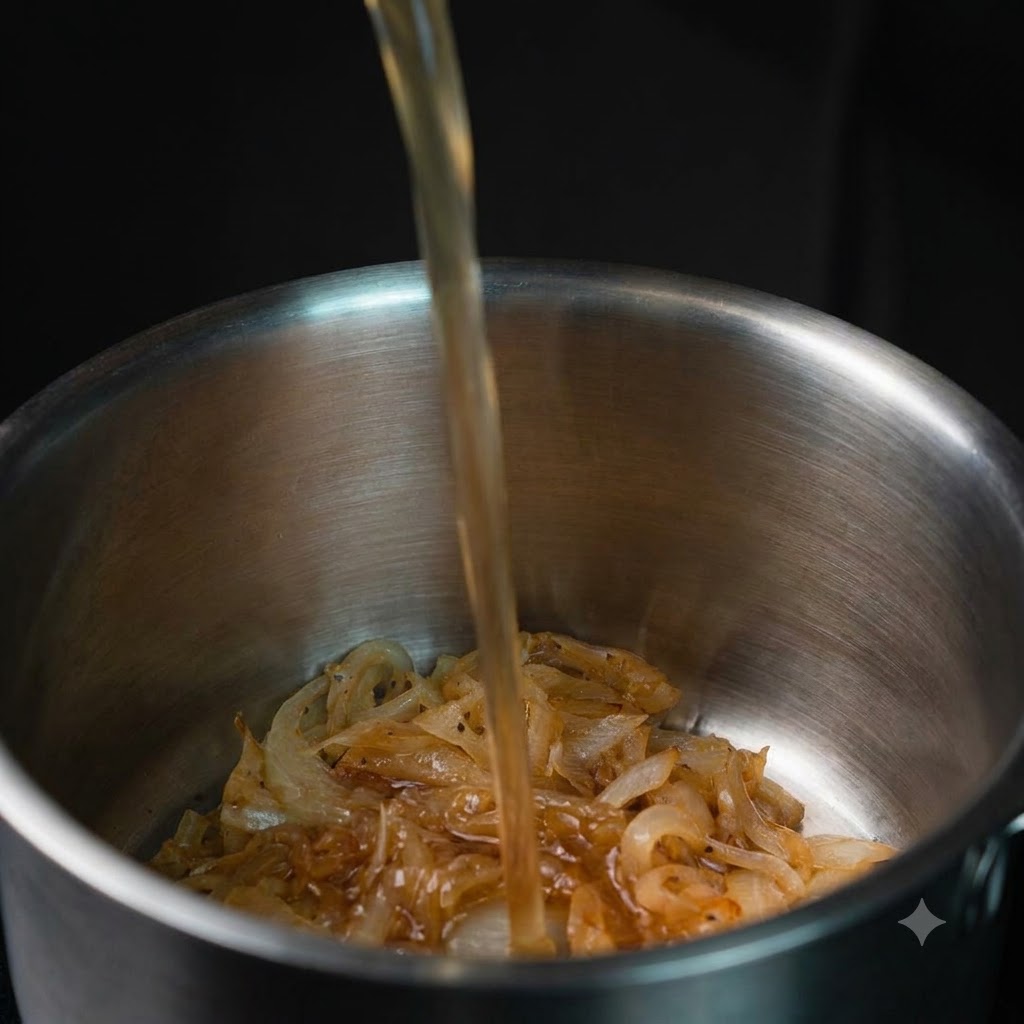 Bouillon clair versé dans une casserole doignons bruns et caramélisés.