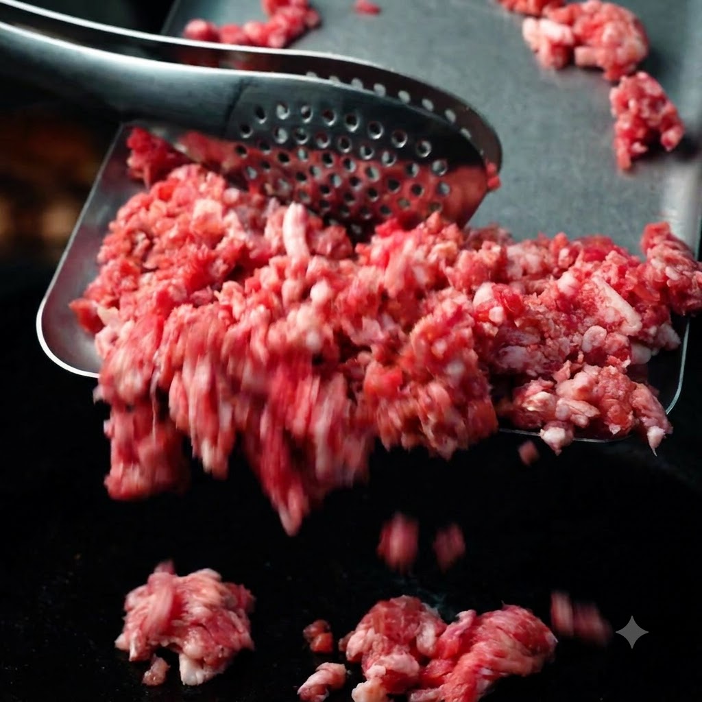 Viande de bœuf hachée Angus australienne fraîche posée sur une surface de cuisson chaude.
