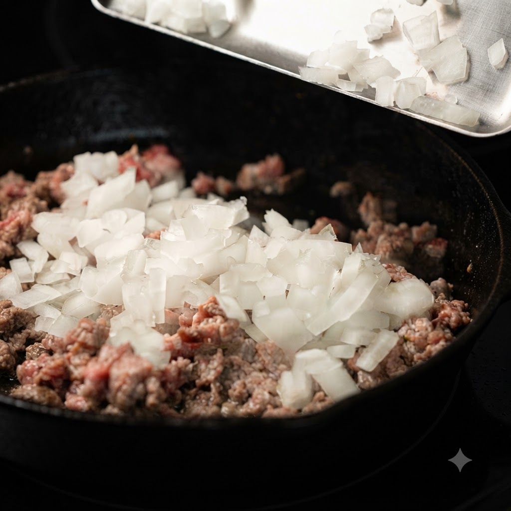 Morceaux doignon blanc fraîchement hachés versés dun plateau en métal dans une poêle en fonte remplie de bœuf haché cuit.