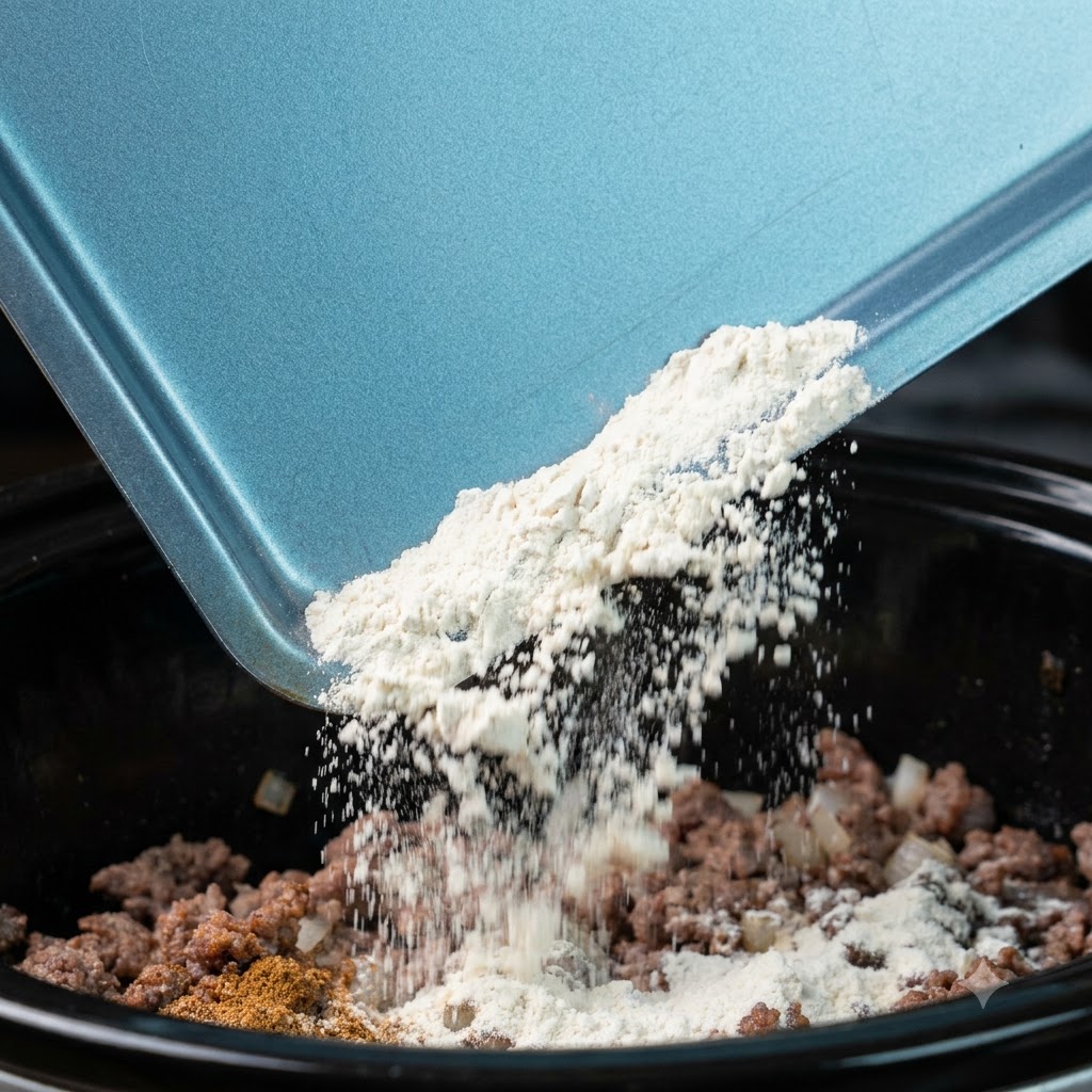 Farine sèche et épices en poudre versées dun plateau bleu sur le mélange de bœuf et doignons dans un récipient de cuisson.