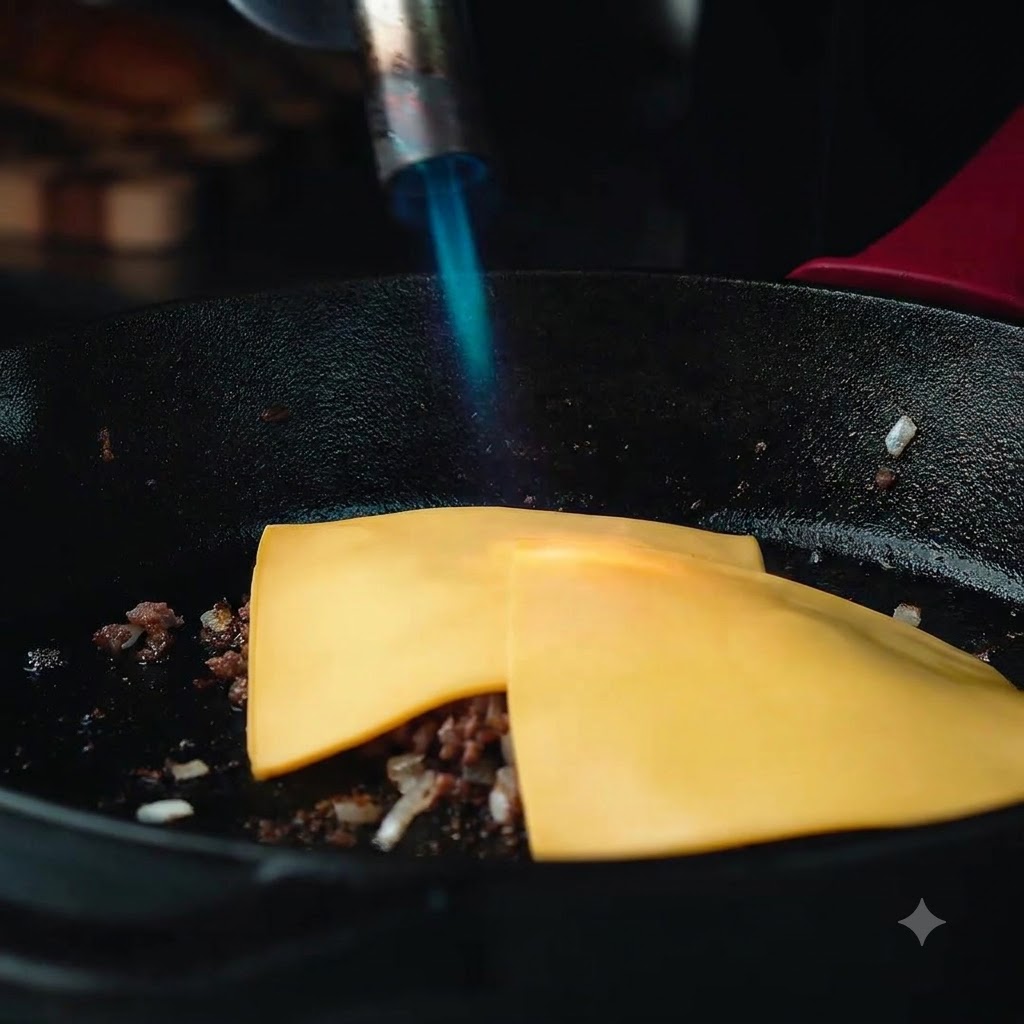 Un chalumeau de cuisine émettant une flamme bleue vive dirigée directement sur les tranches de fromage jaune qui fondent sur le bœuf cuit dans une poêle.