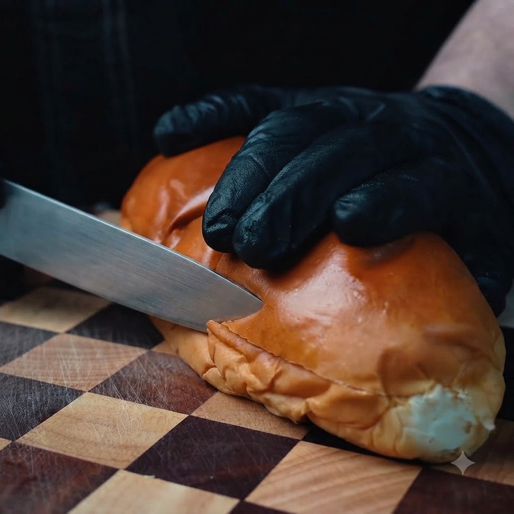 La main dun chef portant un gant noir coupant un pain doré sur une planche à découper en bois à carreaux avec un couteau.