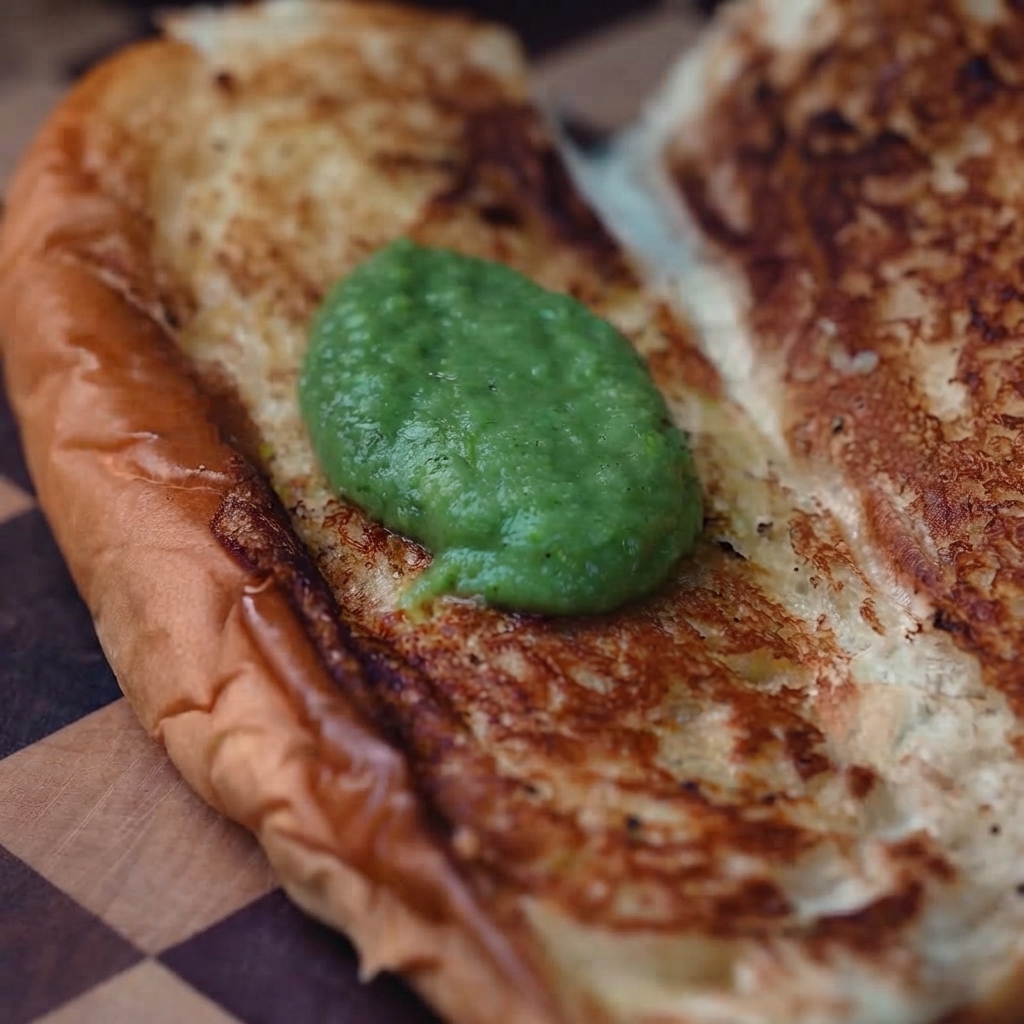 Sauce verte épicée étalée uniformément à lintérieur dun pain grillé.