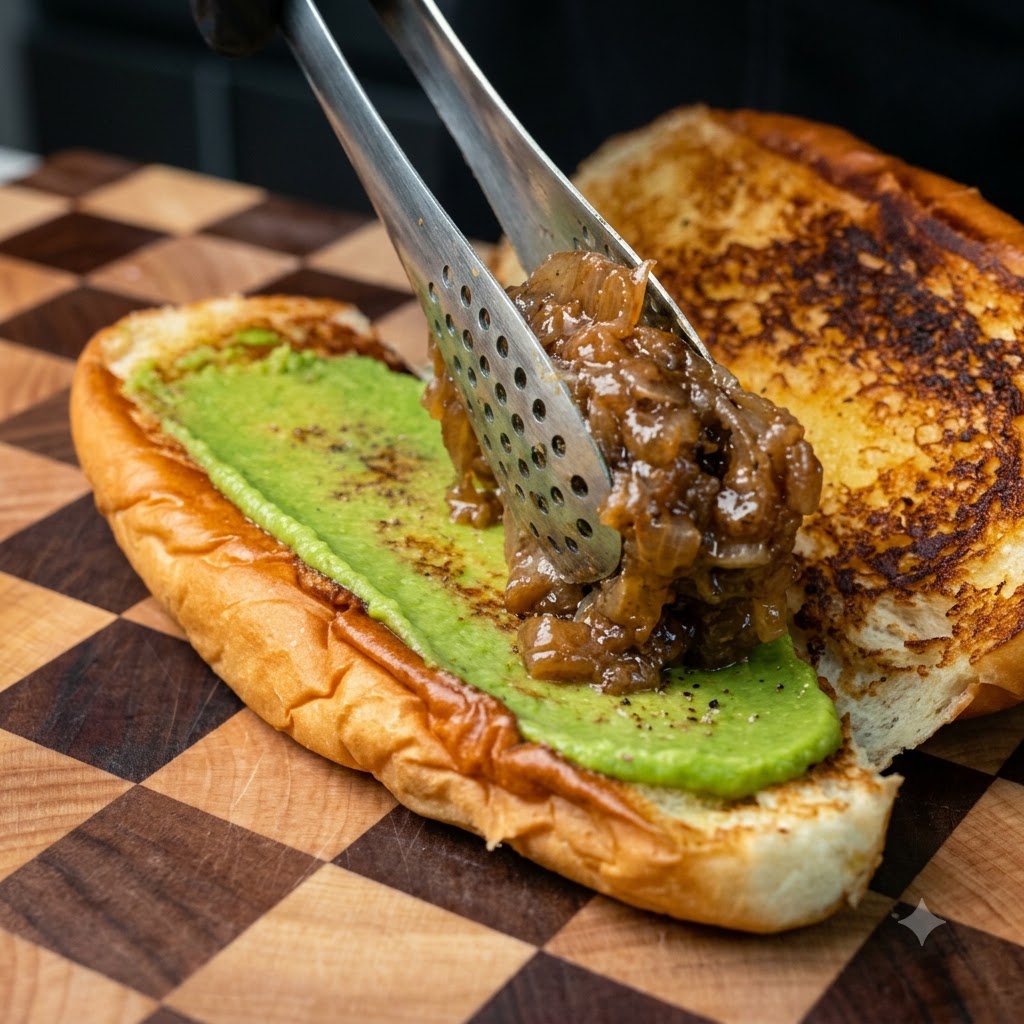Des pinces plaçant des oignons caramélisés sur la sauce verte à lintérieur dun pain.
