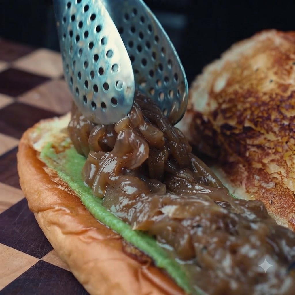 Le bœuf haché cuit avec du fromage fondu ajouté dans le sandwich à laide dun ustensile.