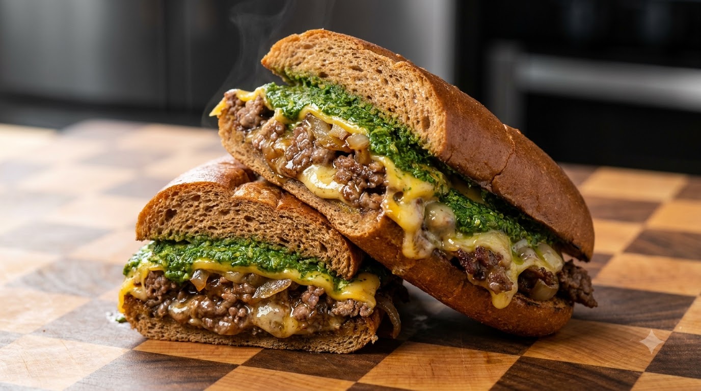 Sandwich Philly Cheesesteak Gourmand à la Sauce Verte
