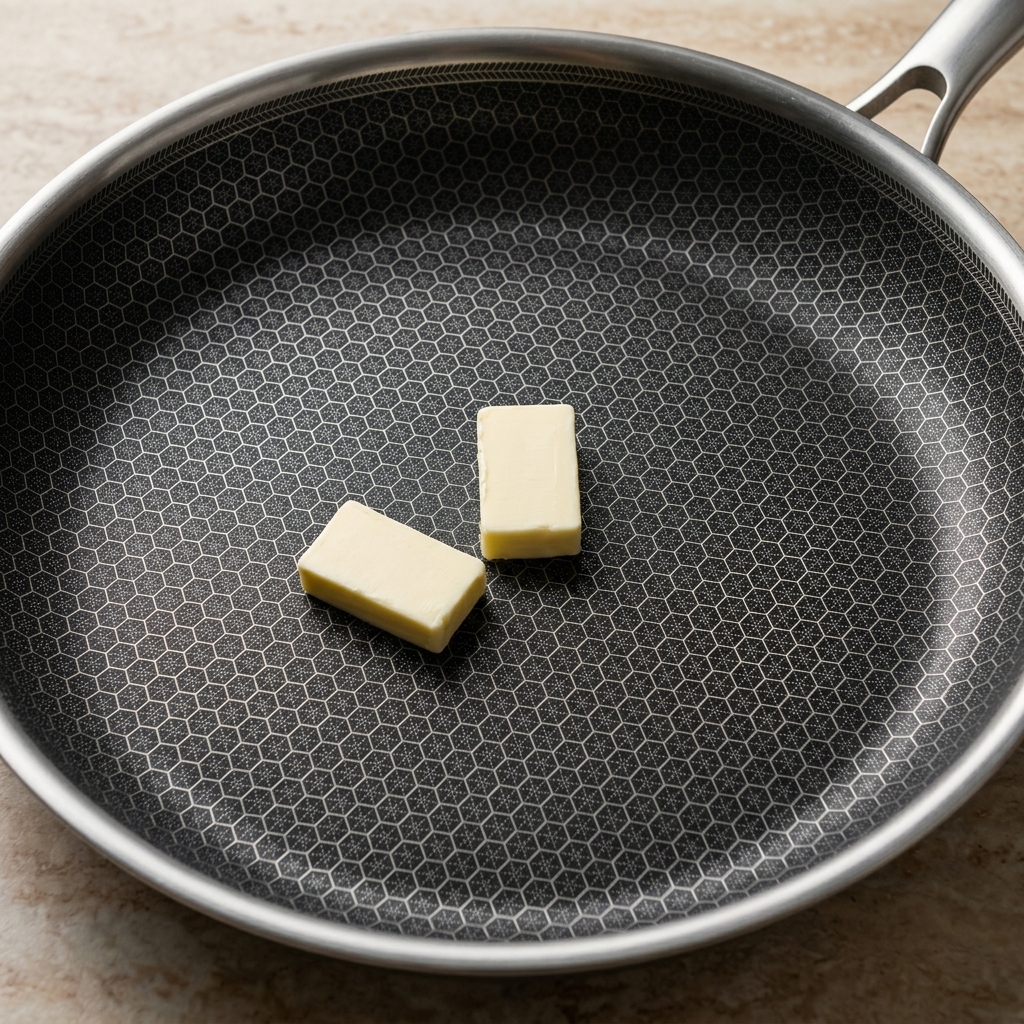 Deux blocs de beurre en train de fondre dans une poêle moderne à texture alvéolée sur un feu de cuisson.