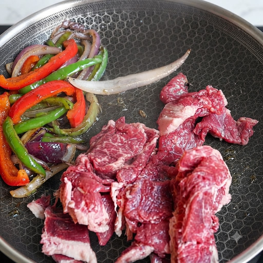Des morceaux de bœuf cru disposés à côté de poivrons et doignons sautés dans une poêle.
