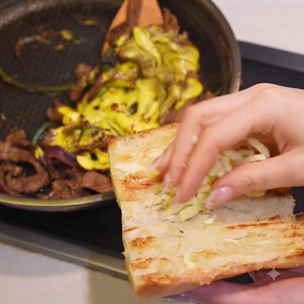 Une main saupoudrant du fromage mozzarella râpé sur une moitié de baguette toastée.