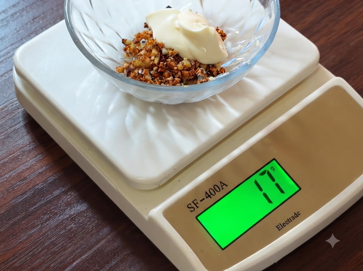 Une cuillère de mayonnaise blanche ajoutée sur lail frit à lintérieur dun bol en verre sur une balance.