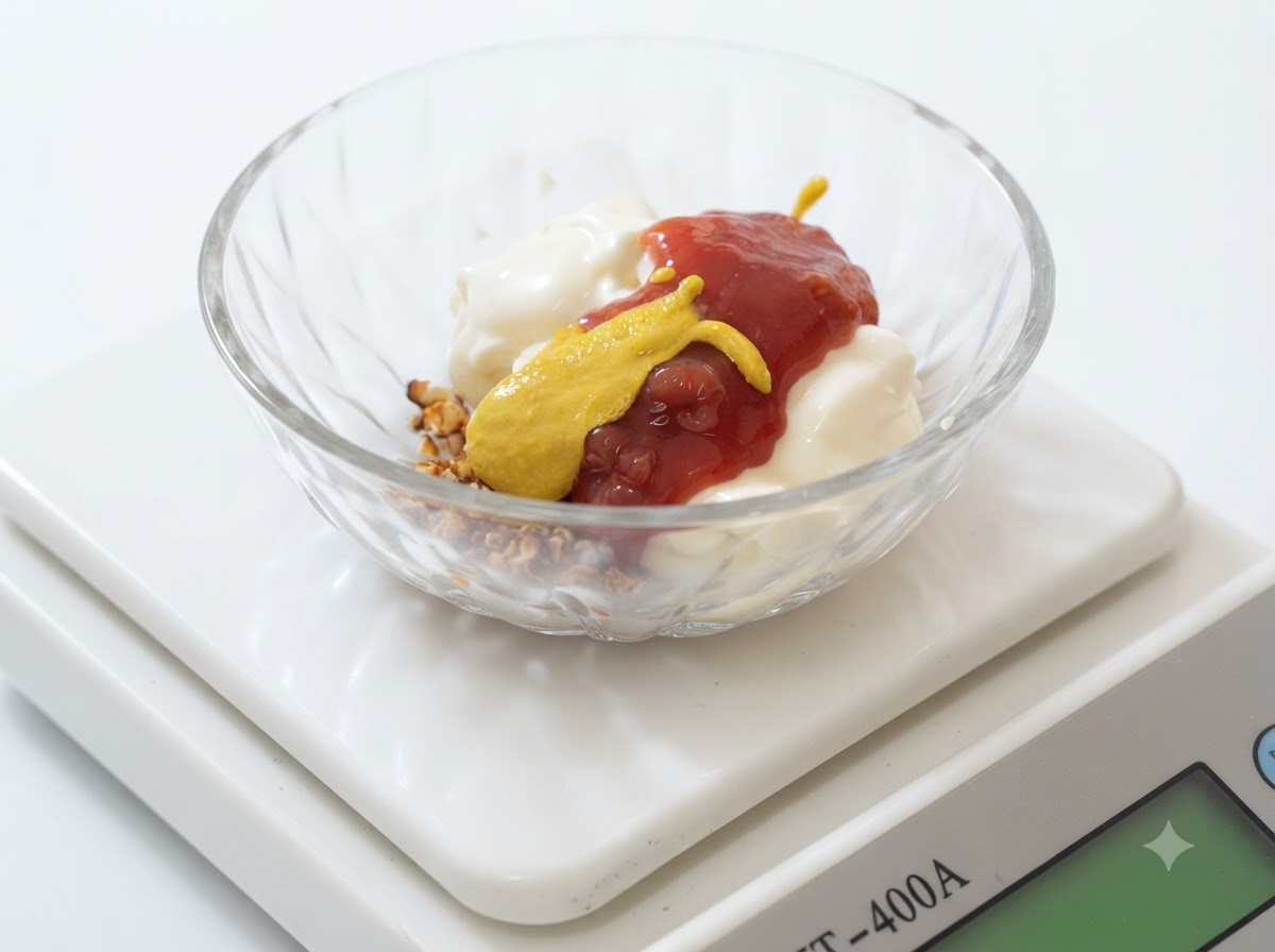 Un filet de sauce moutarde jaune vif ajouté sur les ingrédients à lintérieur du bol en verre.