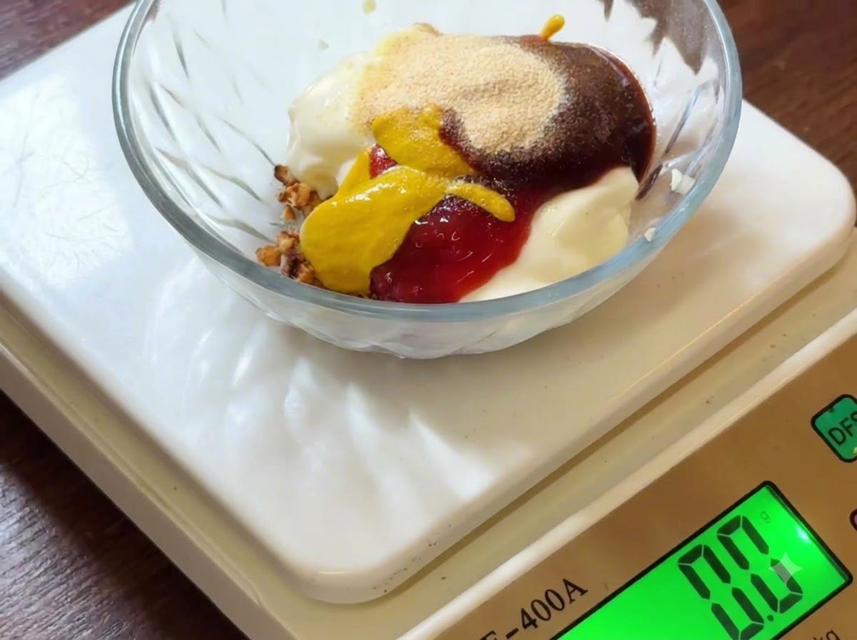 Vue rapprochée de piment en poudre et dail en poudre ajoutés sur les ingrédients de la sauce dans un bol en verre posé sur une balance.
