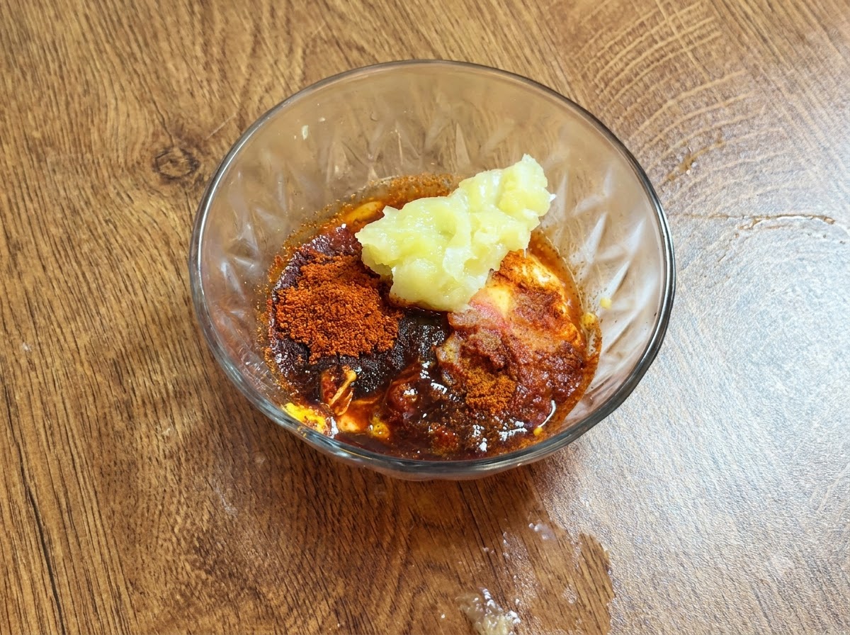 Une cuillerée de purée de fruits de citron placée sur le dessus des ingrédients de la sauce mélangés à lintérieur dun bol en verre.