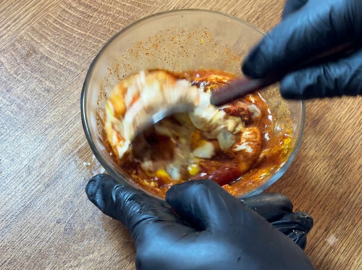 Une main gantée utilisant une cuillère en bois pour remuer vigoureusement tous les ingrédients de la sauce burger ensemble dans un bol en verre.