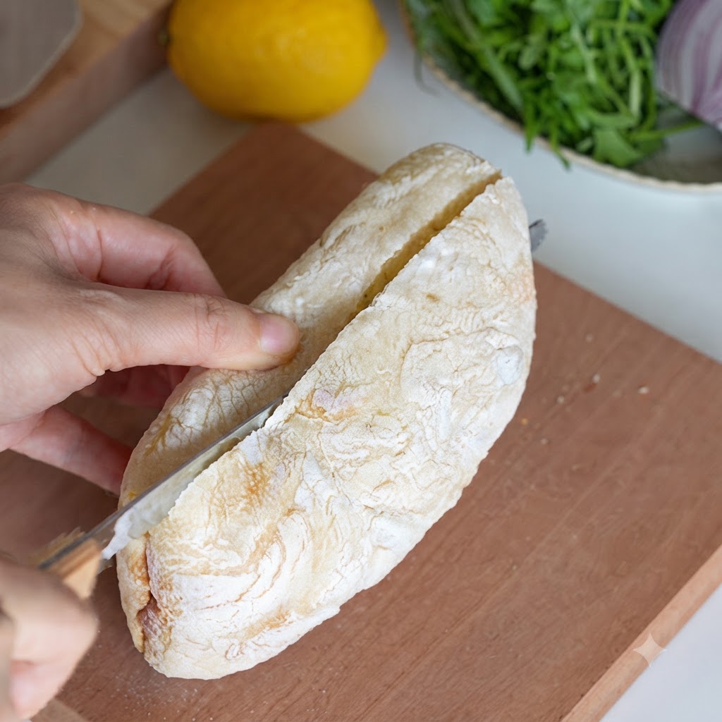 Un pain ciabatta coupé en deux sur la longueur sur une planche en bois.