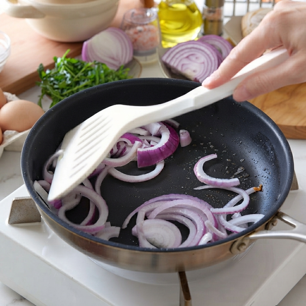 Oignons rouges émincés crépitant dans une poêle huilée et remués avec une spatule blanche.
