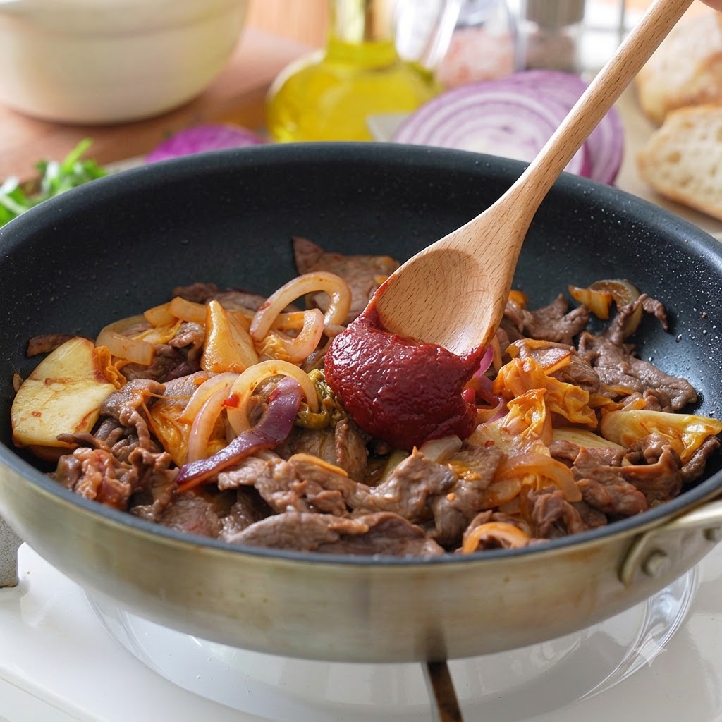 Sauce piquante coréenne et lait versés et mélangés au bœuf et au kimchi dans une poêle.
