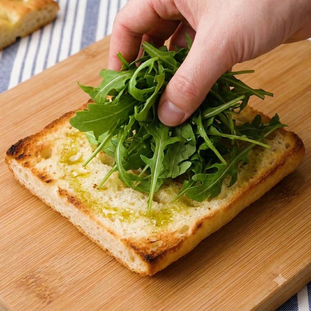Roquette verte fraîche déposée à la main sur une tranche de pain ciabatta toasté.