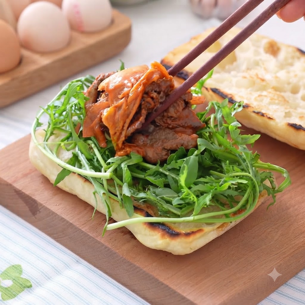 Mélange de bœuf et kimchi cuit transféré sur le lit de roquette avec des baguettes.