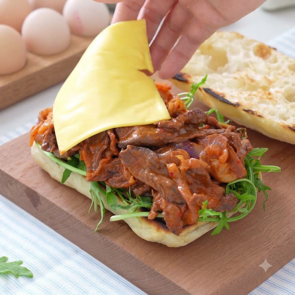 Tranches de fromage déposées sur la garniture chaude au bœuf et kimchi du sandwich.