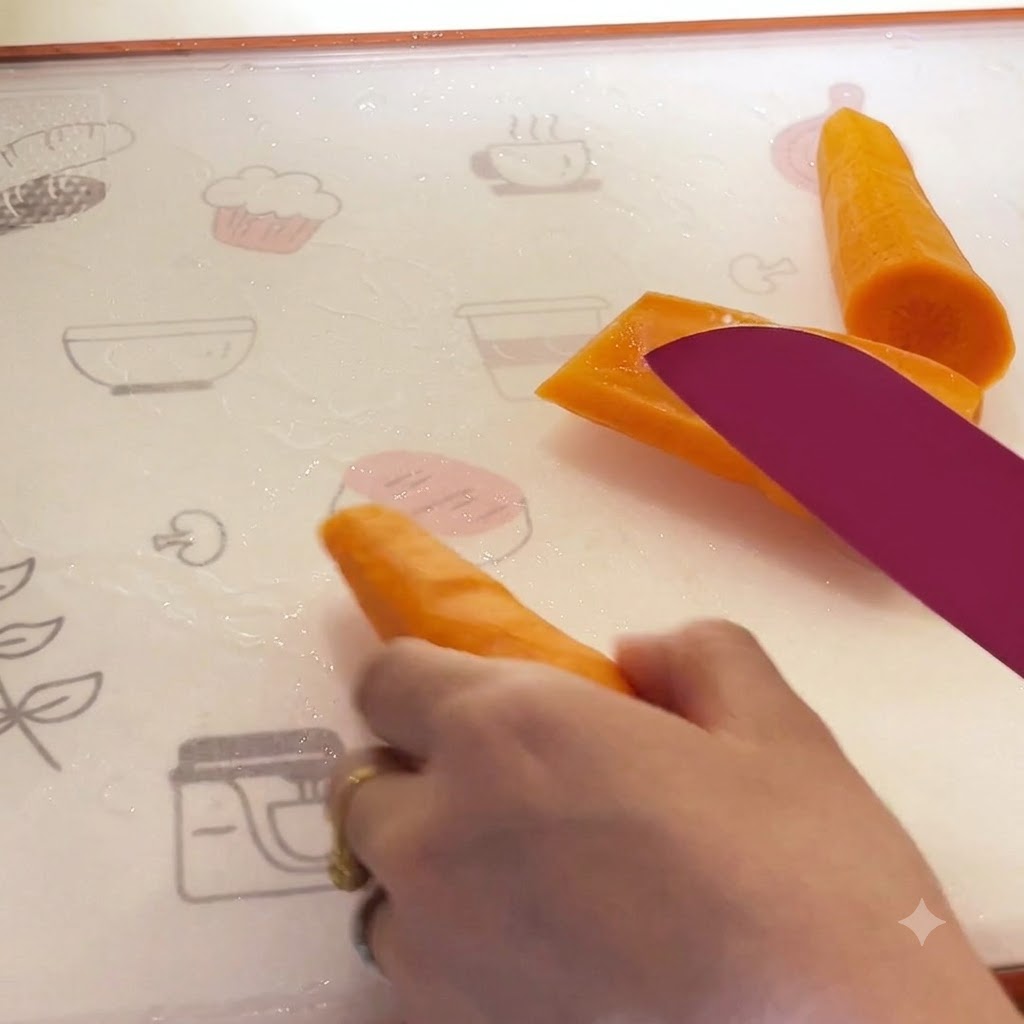 Une main utilisant un couteau violet pour tailler et façonner une carotte crue sur une planche à découper à motifs.