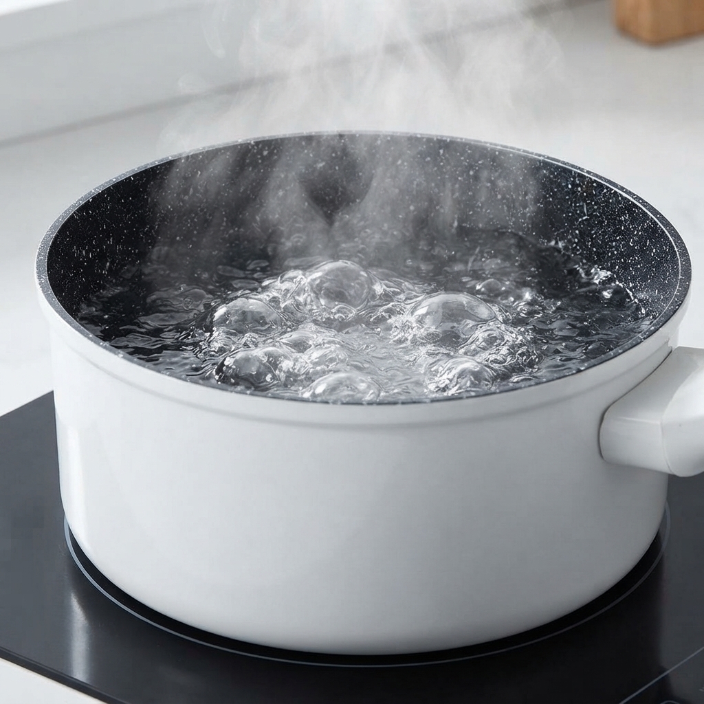 Des fleurettes de brocoli surgelées plongées dans une casserole blanche deau bouillante avec de la vapeur séchappant.