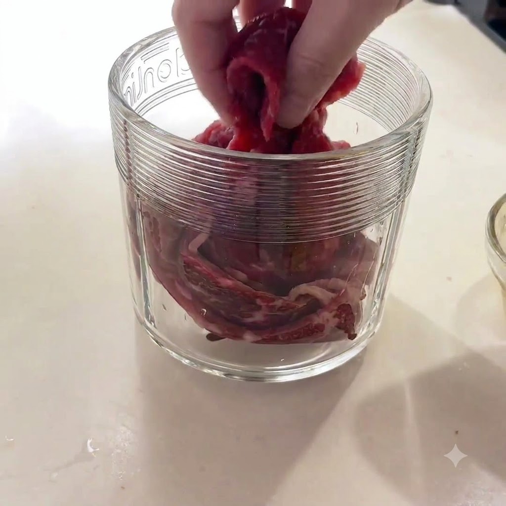 Une main plaçant des morceaux de bœuf cru dans le bol en verre dun robot culinaire.