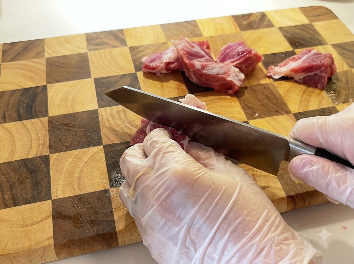 Une main gantée tenant un couteau pour trancher de lépaule de porc crue sur une planche à découper en bois à damier.