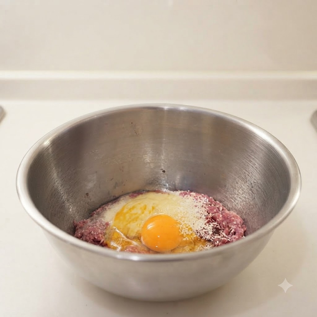 Un filet de lait versé dans le bol mélangeur en acier inoxydable sur la viande hachée, la chapelure et lœuf cassé.