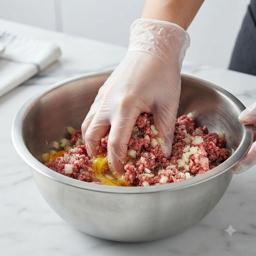 Une main portant un gant en plastique transparent mélangeant soigneusement la viande hachée, les oignons et les assaisonnements dans un grand bol en acier.