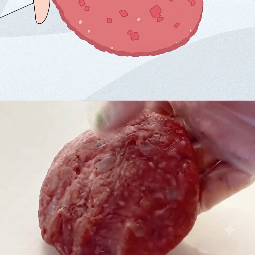 Une main gantée tenant un grand steak de viande crue épais et rond façonné pour la cuisson.