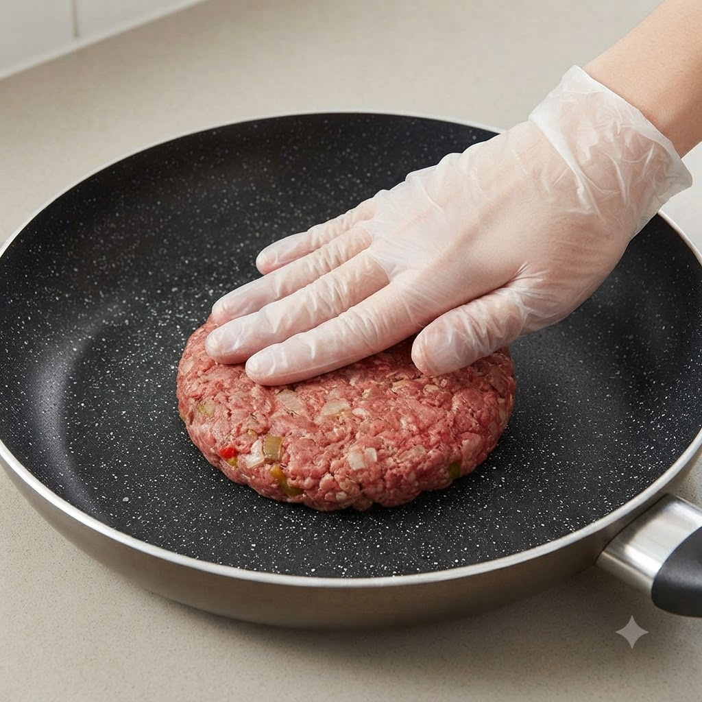 Une main gantée plaçant un steak de viande crue épais dans une poêle antiadhésive foncée.