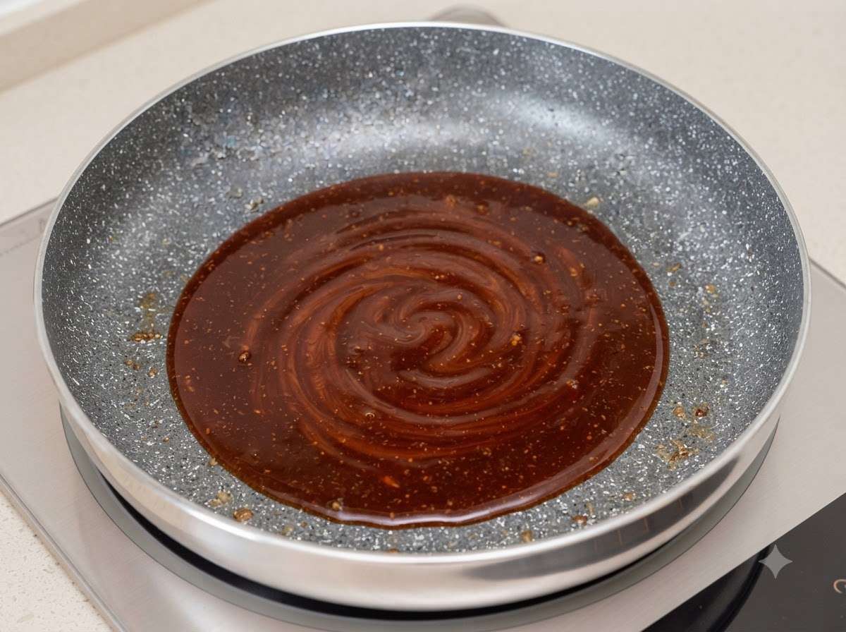 Un mélange de sauce sombre composé de sauce tonkatsu, de ketchup et deau bouillonnant et tourbillonnant dans une poêle.