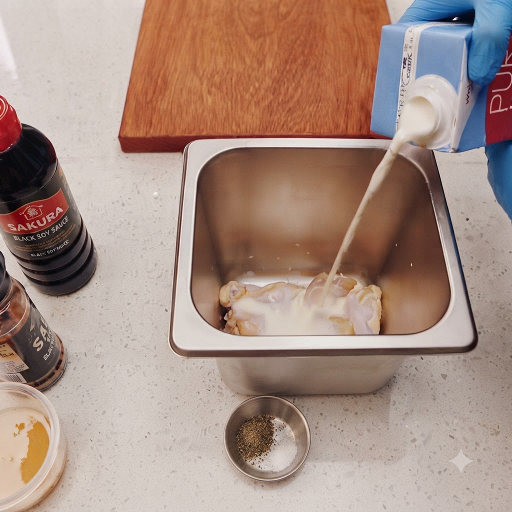 Du lait, du poivre noir et du sel versés sur des pilons de poulet dans un récipient en inox.