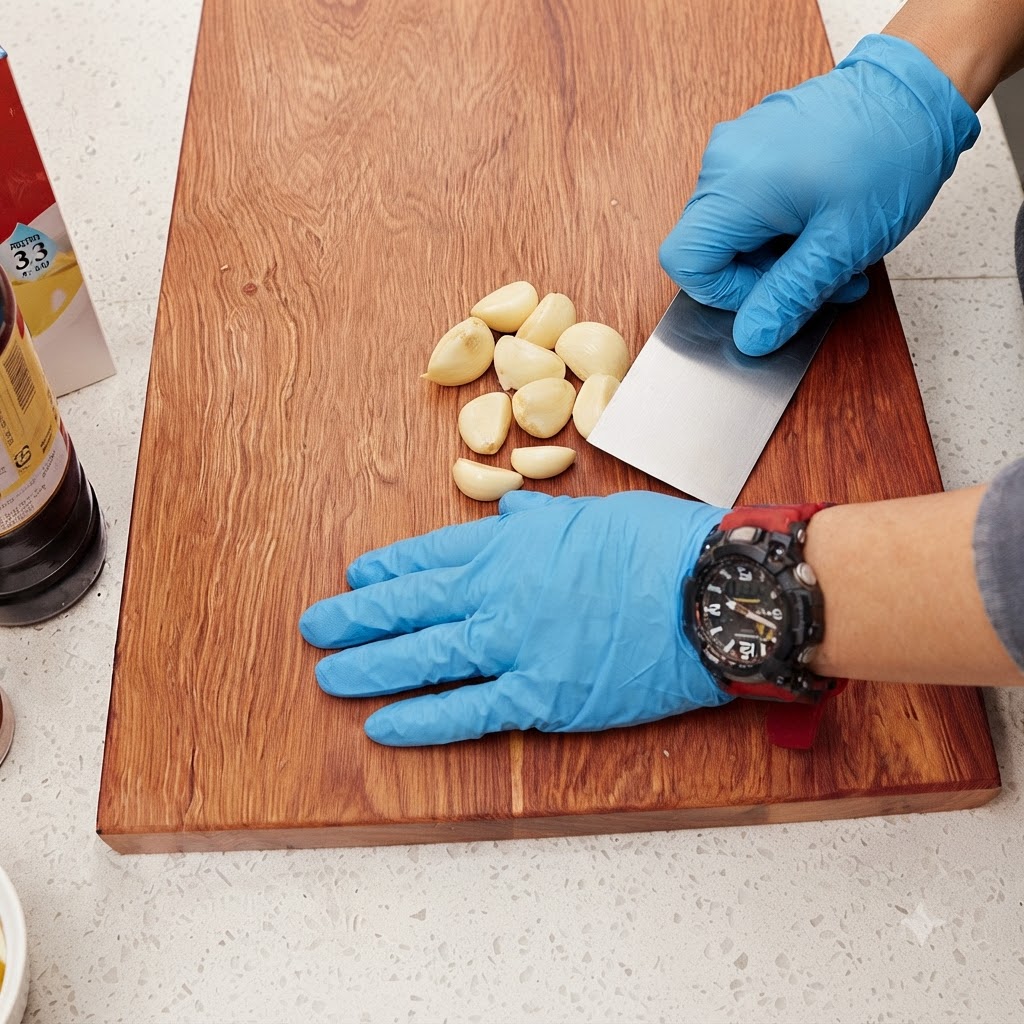 Mains gantées utilisant un racloir pour hacher des gousses dail pelées sur une planche à découper en bois.