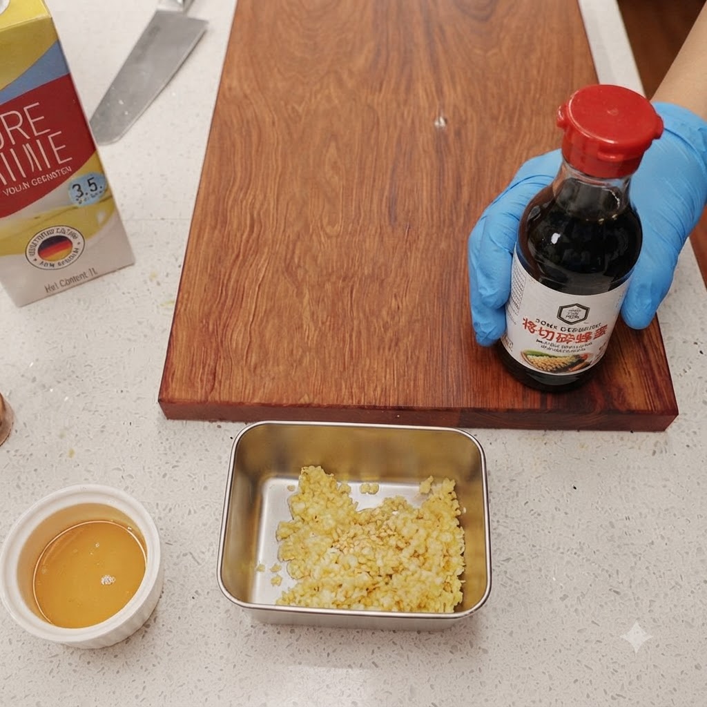 Une bouteille de sauce soja à côté dun récipient en métal rempli dail haché et dun petit bol de miel.