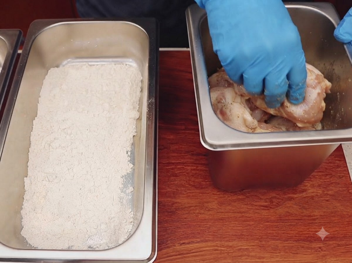 Une main gantée enrobant des morceaux de poulet marinés dans un plateau rempli de farine.