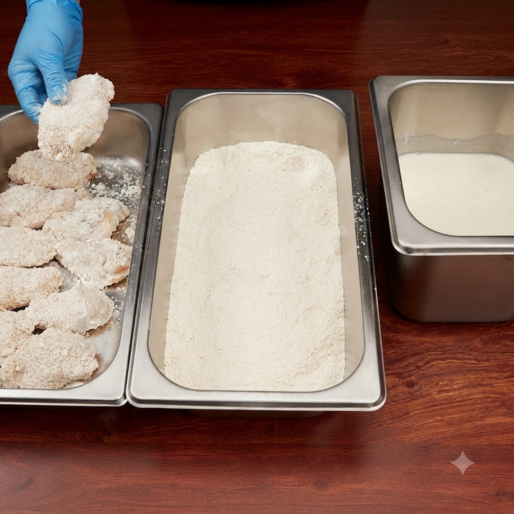 Des morceaux de poulet panés deux fois organisés près dun plateau de farine et dun récipient de lait.