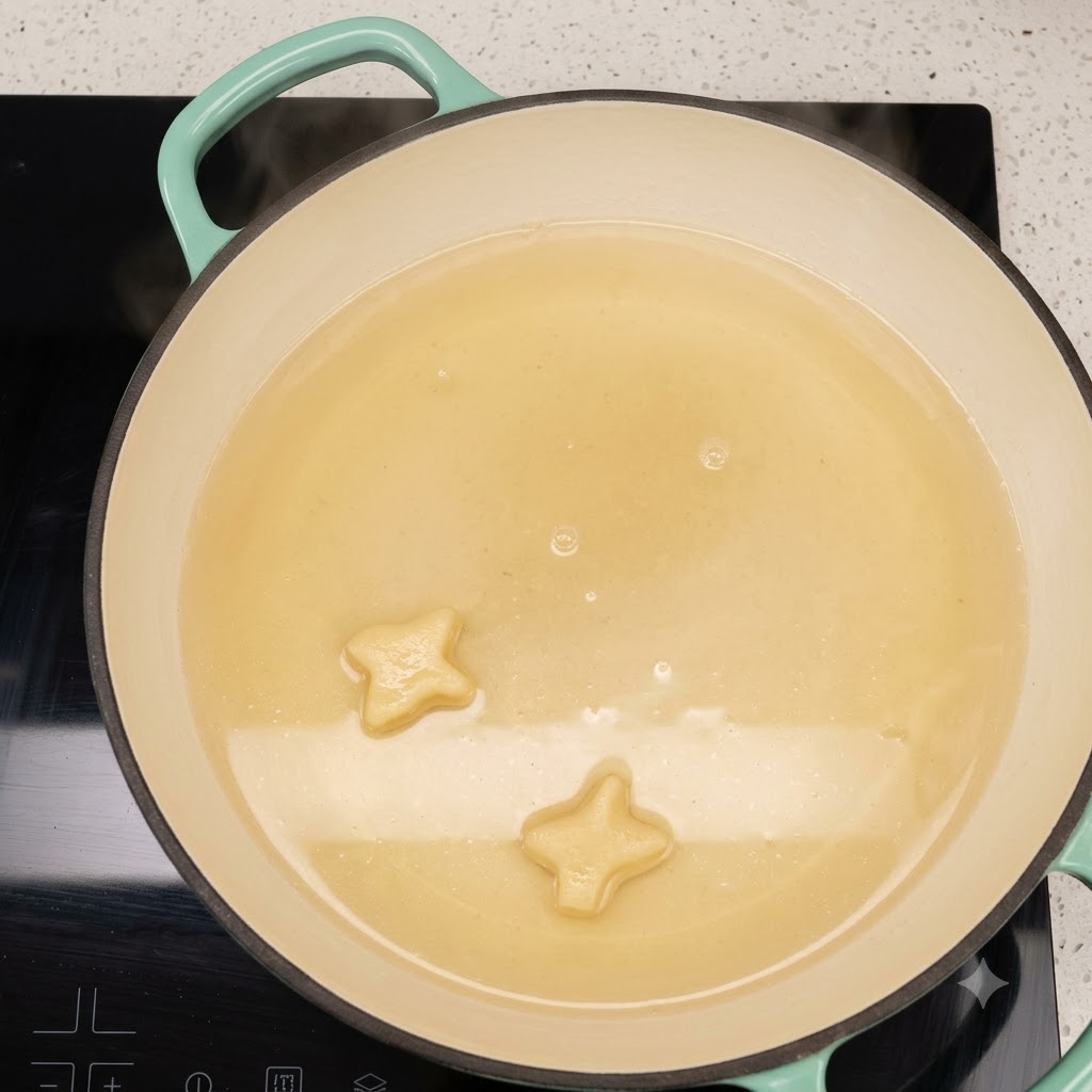 Huile de cuisson chauffant dans une grande poêle sur une cuisinière avec des décorations en forme détoile.