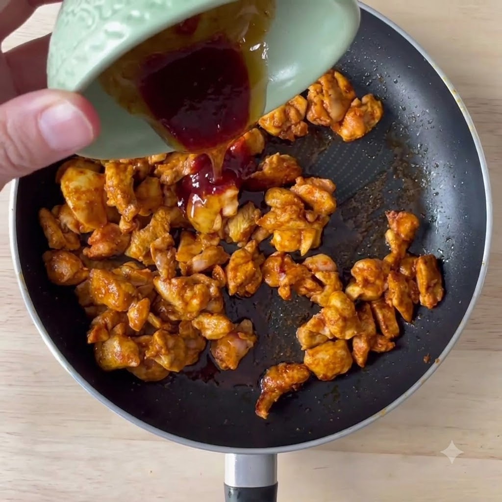 Sauce soja claire, sauce piquante et miel versés dun petit bol vert dans une poêle de poulet sauté.