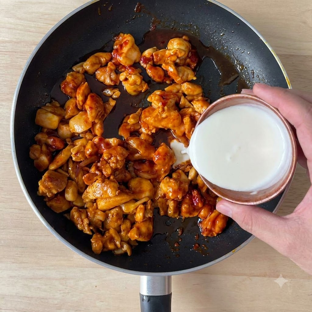 Crème entière versée dun petit récipient dans une poêle contenant des morceaux de poulet assaisonnés et de la sauce.